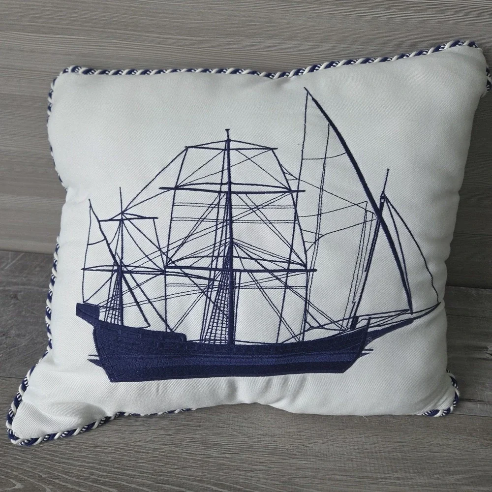 Pier 1 Nautical Embroidered Sea Boat Ship Throw Pillow 18‎ X 16